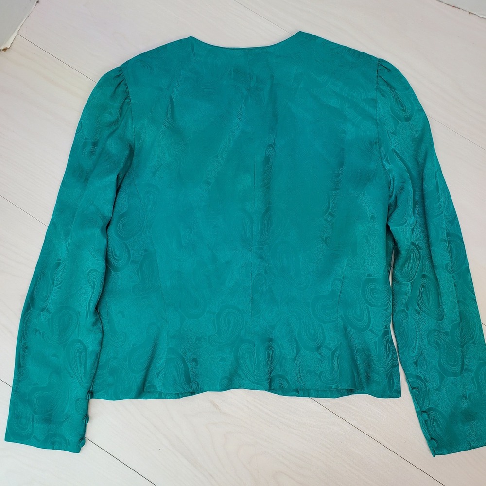 Papell Petites Vintage 100% Silk Teal Paisley Jacquard Skirt Suit Set 12P Luxury - Picture 9 of 16